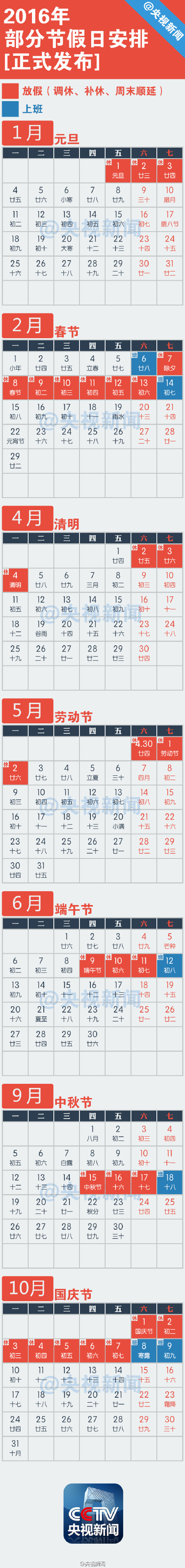 2016放假安排公布：2月7日（除夕）-13日放假