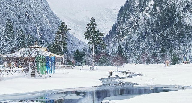 冬雪中的雨崩村